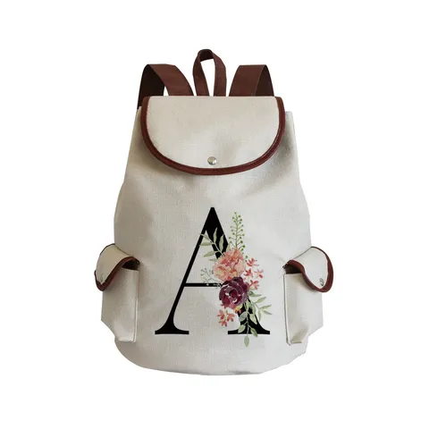 Women Casual Canvas Backpack Floral Letter Print School Bag Large Capacity Drawstring Flap Backpack For Students Travelling Bookbag