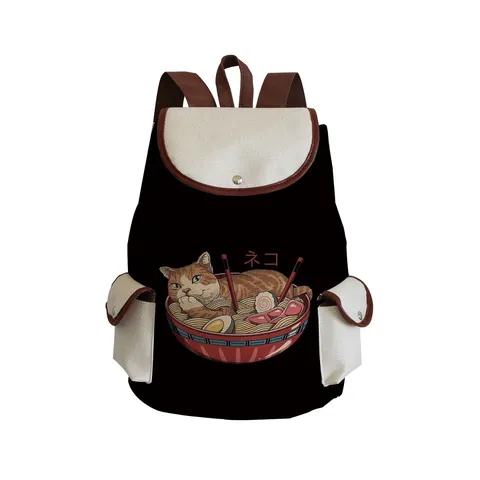 Japanese Ukiyo-e Cat Printed Canvas Backpack Large Capacity School Backpack For Students Casual Travel Backpack With Flap Drawstring Open
