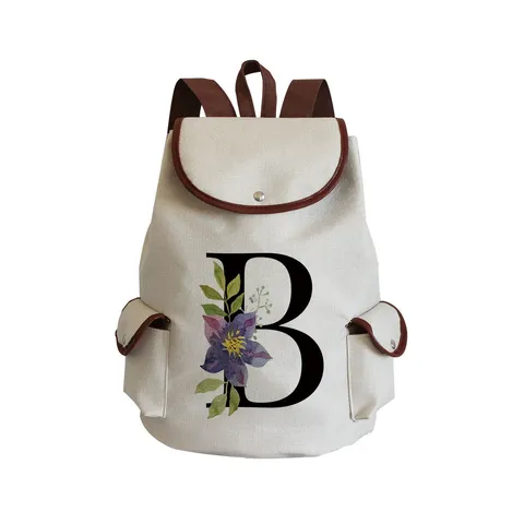 Women Casual Canvas Backpack Floral Letter Print School Bag Large Capacity Drawstring Flap Backpack For Students Travelling Bookbag