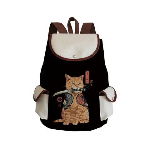 Japanese Ukiyo-e Cat Printed Canvas Backpack Large Capacity School Backpack For Students Casual Travel Backpack With Flap Drawstring Open