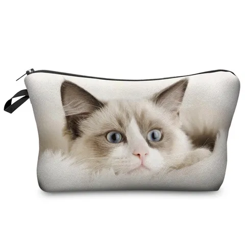 Cute Cat Printed Cosmetic Bag Polyester Portable Lipstick Pouch Travel Zipper Toiletry Bag Pencil Case For Everyday Storage Organizer