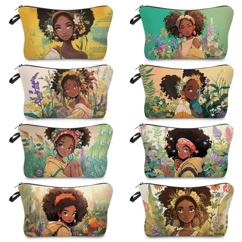 Polyester Digital Printed Floral Black Girl Makeup Bag Portable Cosmetic Case Toiletry Storage Pouch For Everyday Travel Women