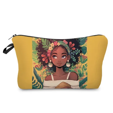 Polyester Digital Printed Floral Black Girl Makeup Bag Portable Cosmetic Case Toiletry Storage Pouch For Everyday Travel Women