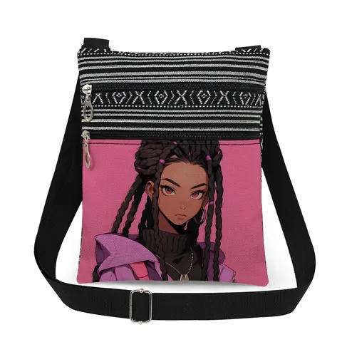 Fashion Canvas Messenger Bag With Black Girl Print Double Zipper Crossbody Shoulder Bag Geometric Pattern Lightweight Women Casual Sling Bag Pack