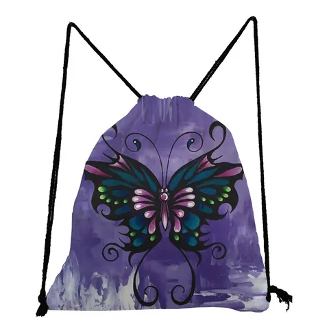 Butterfly Print Drawstring Backpack Lightweight Polyester String Bag For Students Travel Daily Casual Multi-Pattern Rucksack