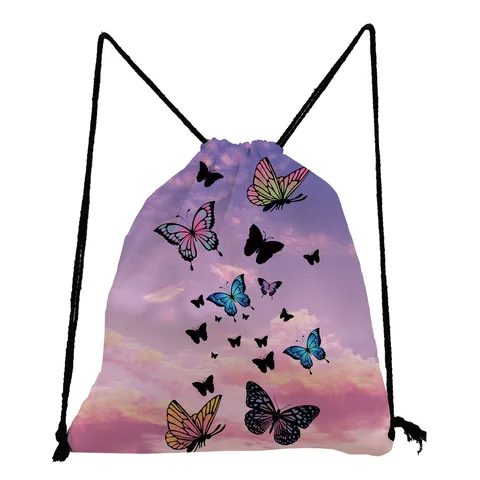 Butterfly Print Drawstring Backpack Lightweight Polyester String Bag For Students Travel Daily Casual Multi-Pattern Rucksack