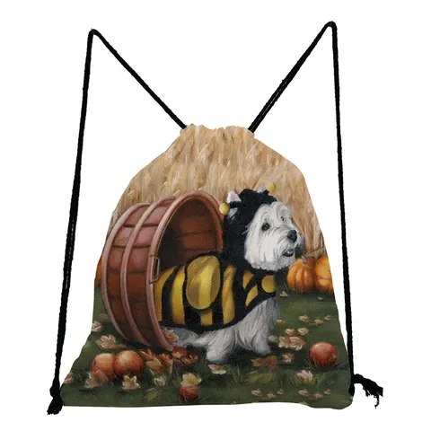 Cute Dog Oil Painting Print Drawstring Bag Portable Polyester Storage Backpack For Student Travel Outdoor Puppy Theme Sackpack