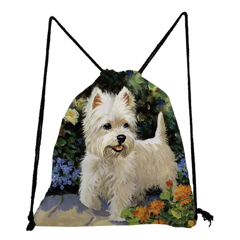 Cute Dog Oil Painting Print Drawstring Bag Portable Polyester Storage Backpack For Student Travel Outdoor Puppy Theme Sackpack