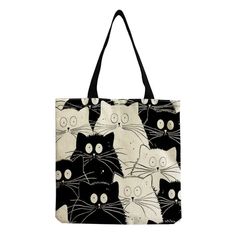 Women's Cartoon Cat Print Linen Tote Bag Large Capacity Foldable Shoulder Bag For Shopping Daily Casual Eco Friendly Handbag