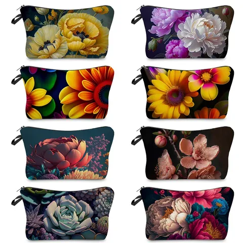 Trousse de Maquillage Classique à Imprimé Floral Foncé en Polyester Imperméable Pochette de Voyage Portable