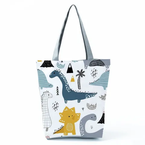 Borsa Tote da Donna con Stampa Dinosauro Cartone Animato Borsa a Tracolla in Poliestere Grande Capacità Borsa a Mano per Studenti Shopping Retro Casual