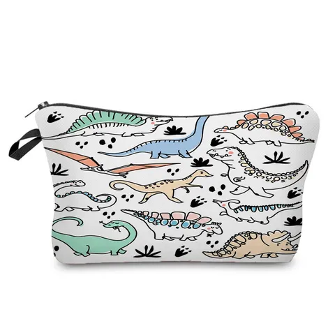 Cute Cartoon Dinosaur Print Cosmetic Bag Waterproof Polyester Travel Toiletry Pouch Portable Zipper Makeup Storage Bag