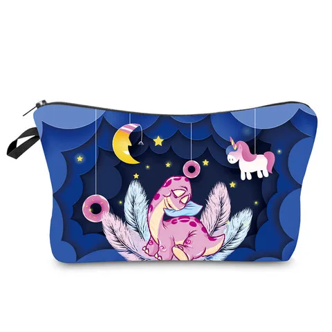 Cute Cartoon Dinosaur Print Cosmetic Bag Waterproof Polyester Travel Toiletry Pouch Portable Zipper Makeup Storage Bag