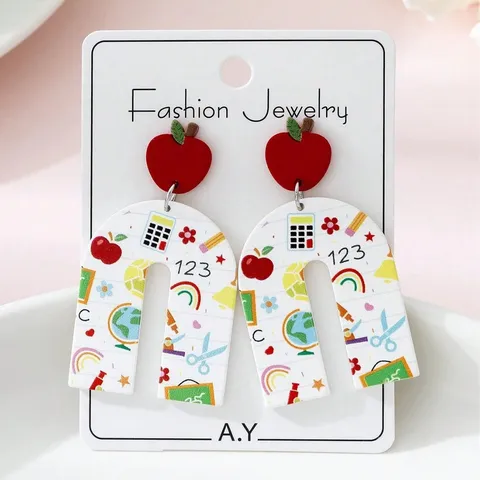 Sweet Red Apple U-Shaped Earrings Copper Resin Geometric School Theme Dangle Earrings Fashion Jewelry Gift For Women