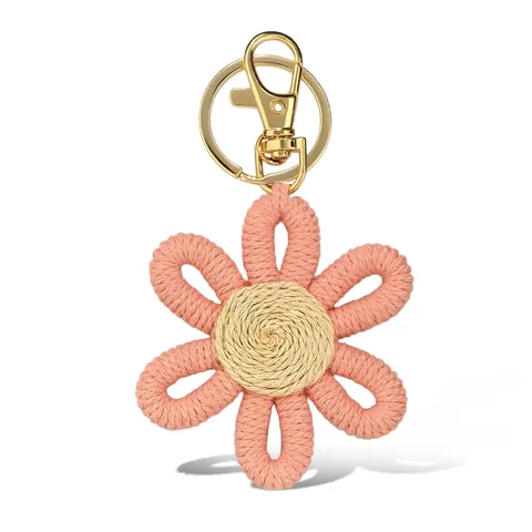 Roze Bloem Geweven Sleutelhanger Schattige HandgEMaakte Sleutelhanger Met Goud Metalen Sluiting Stijlvolle Tas Charm