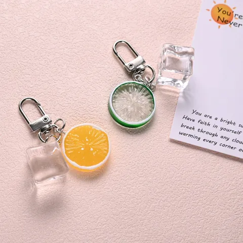 Creative Copper Lemon Ice Cube Keychain Cute Resin Fruit Schoolbag Pendant Fashion Bag Charm Jewelry Gift