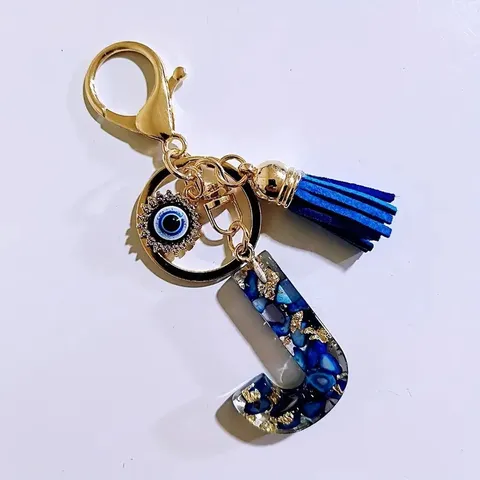 Blue Letter J Leather Evil Eye Keychain Cute Resin Gold Metal Tassel Pendant Bag Charm Fashion Jewelry Gift