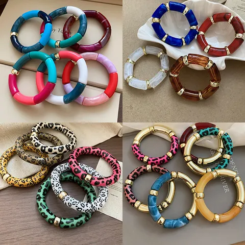 Acrylic Leopard Print Marble Elastic Bracelet Vintage Chunky Alloy Bead Bangle Fashion Stretch Hand Jewelry For Women