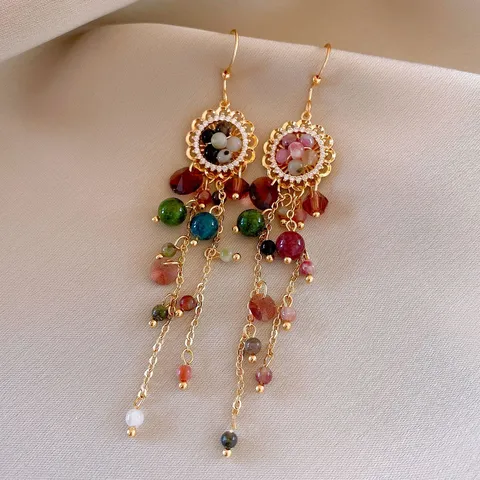 Boucles d'Oreilles Pendantes Tassel en Pierre Colorée Florale Zirconia Cuivre Ethnique Vintage Avec Tige en Argent Sterling 925