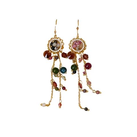 Boucles d'Oreilles Pendantes Tassel en Pierre Colorée Florale Zirconia Cuivre Ethnique Vintage Avec Tige en Argent Sterling 925