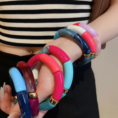 Acrylic Leopard Print Marble Elastic Bracelet Vintage Chunky Alloy Bead Bangle Fashion Stretch Hand Jewelry For Women