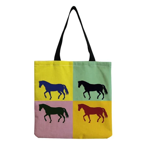 Horse Print Foldable Tote Bag Large Capacity Reusable Linen Shopping Bag Women Shoulder Bag Eco Friendly Canvas Handbag