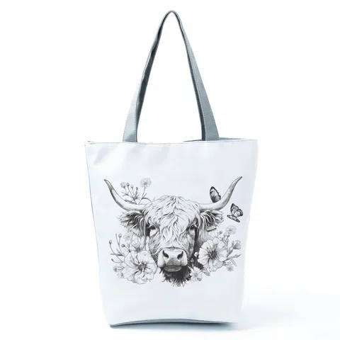 Highland Cow Printed Tote Bag For Women Large Capacity Polyester Zipper Shoulder Bag Foldable Travel Shopping Bag Floral Butterfly Art Tote