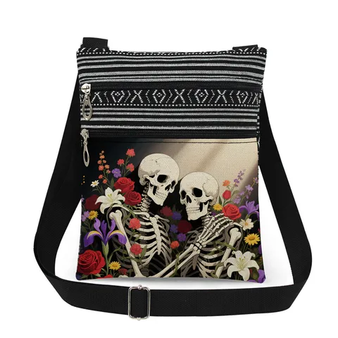 Borsa a Tracolla in Tela con Stampa a Teschio per Donna Borsa Messenger a Strisce Ultraleggera con Doppia Cerniera Tracolla Regolabile Borsa a Spalla Casual