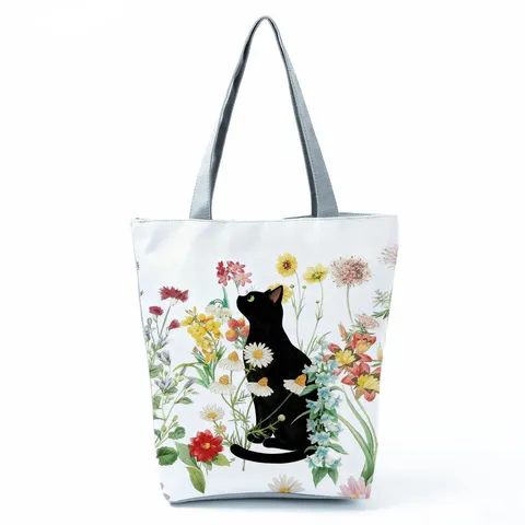 Women Fashion Black Cat Printed Tote Bag Washable Polyester Shoulder Bag Floral Pattern Daily Shopping Grocery Handbag For Ladies