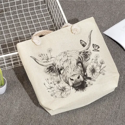 Borsa Tote da Donna Grande Capacità con Stampa Mucca delle Highlands Borsa a Tracolla in Poliestere con Manico in Corda