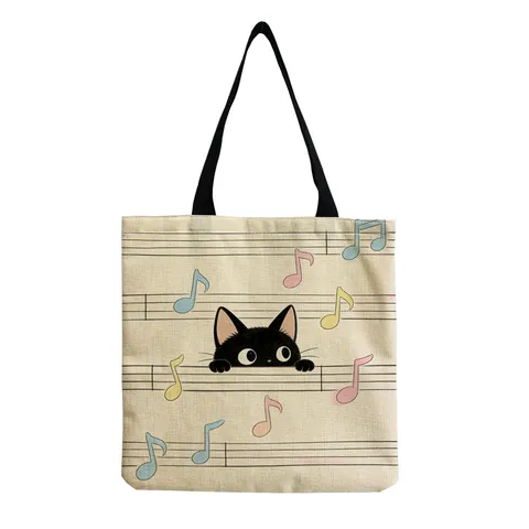 Vintage Linen Tote Bag For Women Foldable Shopping Bag Eco Friendly Reusable Canvas Handbag With Black Cat Floral Print Large Capacity Casual Shoulder Bag