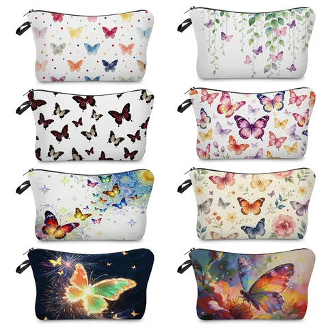 Fashion Butterfly Floral Printed Cosmetic Bag Polyester Makeup Pouch Lip Balm Nail Polish Storage Zipper Handbag Clutch For Travel Daily Women Organizer