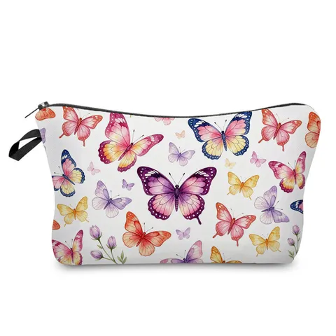 Fashion Butterfly Floral Printed Cosmetic Bag Polyester Makeup Pouch Lip Balm Nail Polish Storage Zipper Handbag Clutch For Travel Daily Women Organizer