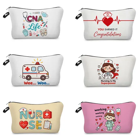 Borsa da Toilette in Poliestere Stampato con Tema Infermieristica Medica Cerniera Portatile Viaggio Stivabile Organizzatore Trucco Astuccio per Quotidiano