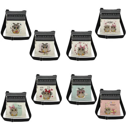 Women Cartoon Owl Printed Crossbody Bag Polyester Double Zipper Shoulder Bag Adjustable Strap Small Messenger Bag Casual Daily Messenger Bag