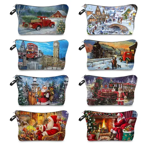 Trousse à Maquillage Imprimée Édition Limitée de Noël Sac de Toilette Portable en Polyester Organisateur de Maquillage pour Voyage