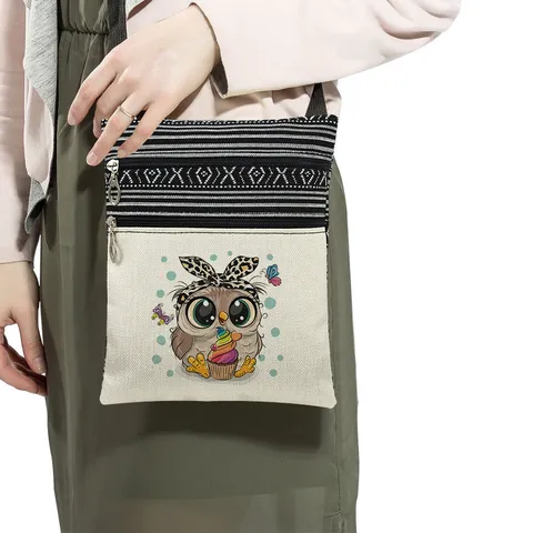 Women Cartoon Owl Printed Crossbody Bag Polyester Double Zipper Shoulder Bag Adjustable Strap Small Messenger Bag Casual Daily Messenger Bag