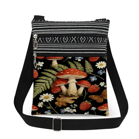 Canvas Crossbody Bag Double Zipper Mushroom Print Lightweight Adjustable Shoulder Strap Messenger Bag For Women Casual Daily