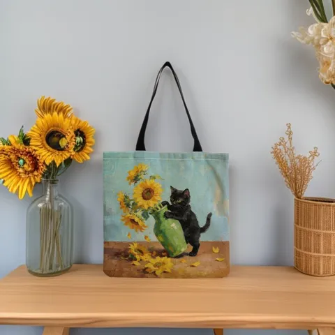 Sunflower Print Tote Bag Artistic Oil Painting Black Cat Floral Pattern Foldable Shopping Bag Polyester Shoulder Handbag For Women Travel