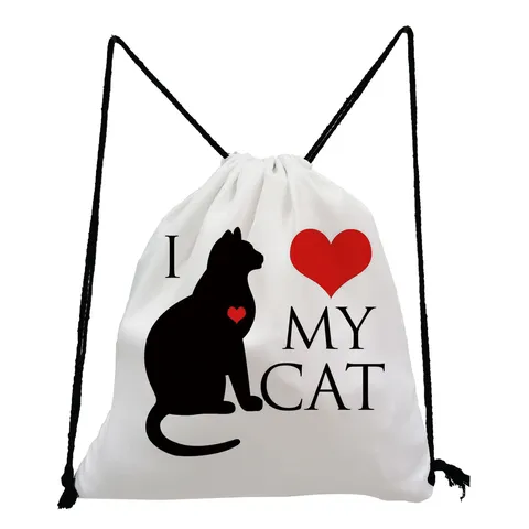 Cat Print Drawstring Backpack Polyester Cartoon Animal Storage Bag Casual Travel Cinch Sack For Women School Shopping Pack