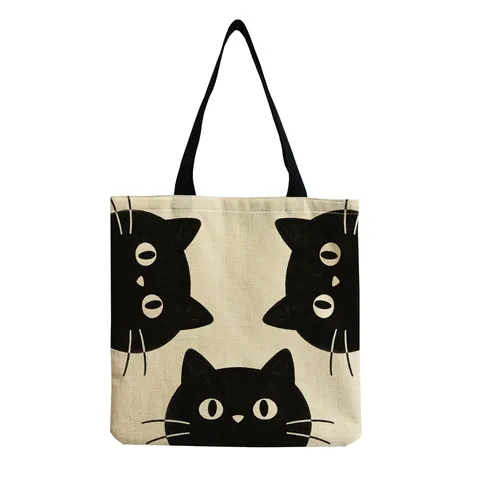 Borsa Tote a Spalla in Linen Cartone Gatto Nero Dipinto a Olio Floreale Stampa Pieghevole Ecologico Lavabile Borsa della Spesa a Mano Donna