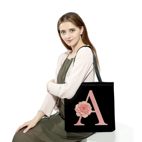 Women Foldable Washable Linen Tote Bag Black Pink Floral Letter Print Canvas Shoulder Shopping Bag For Casual Daily Use