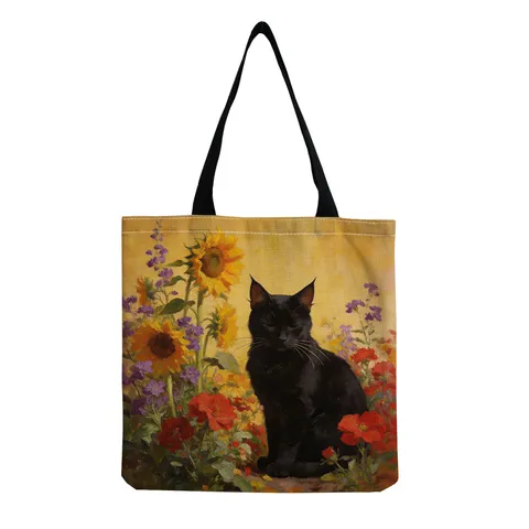 Borsa Tote a Spalla in Linen Cartone Gatto Nero Dipinto a Olio Floreale Stampa Pieghevole Ecologico Lavabile Borsa della Spesa a Mano Donna