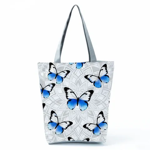 Women Fashion Polyester Tote Bag Large Capacity Butterfly Print Shoulder Bag Foldable Zipper Eco Grocery Shopping Handbag