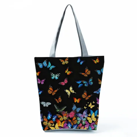 Women Fashion Polyester Tote Bag Large Capacity Butterfly Print Shoulder Bag Foldable Zipper Eco Grocery Shopping Handbag