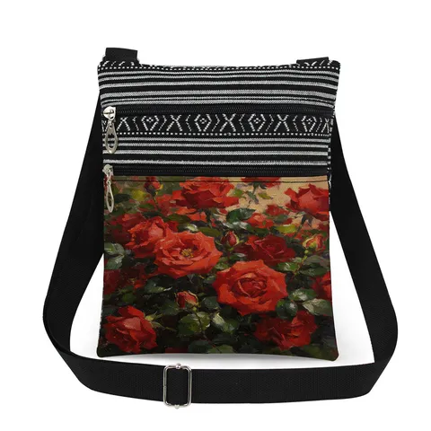 Women Floral Print Crossbody Bag Vintage Rose Pattern Messenger Bag Double Zipper Lightweight Polyester Shoulder Bag With Adjustable Strap Casual Travel Purse