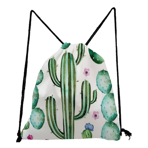 Cactus Print Drawstring Bag Foldable Large Capacity Storage Backpack Casual Travel Pocket Lightweight Polyester Rucksack
