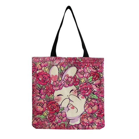 Lindo Bolso Tote de Lino con Estampado de Conejo de Dibujos Animados y Flores Gran Capacidad Bolso de Hombro Ecológico para Mujer Playa