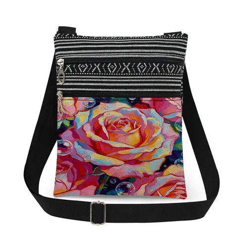 Women Floral Print Crossbody Bag Vintage Rose Pattern Messenger Bag Double Zipper Lightweight Polyester Shoulder Bag With Adjustable Strap Casual Travel Purse