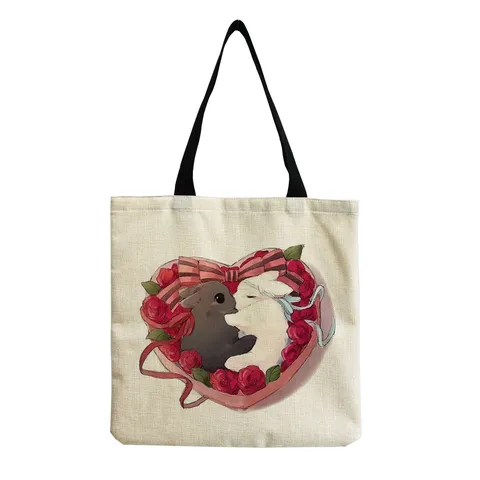 Lindo Bolso Tote de Lino con Estampado de Conejo de Dibujos Animados y Flores Gran Capacidad Bolso de Hombro Ecológico para Mujer Playa